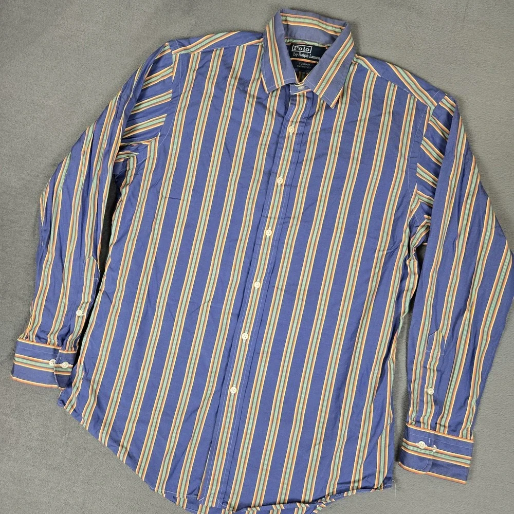 Polo Ralph Lauren CURHAM Shirt Men 15.5 32/33 Blue Stripe Button Down Custom Fit